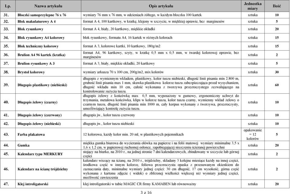 Blok rysunkowy A4 kolorowy blok rysunkowy, formatu A4, 6 kartek w różnych kolorach sztuka 5 35. Blok techniczny kolorowy format A 3, kolorowe kartki, 0 kartkowy, 80g/m2 sztuka 5 36.