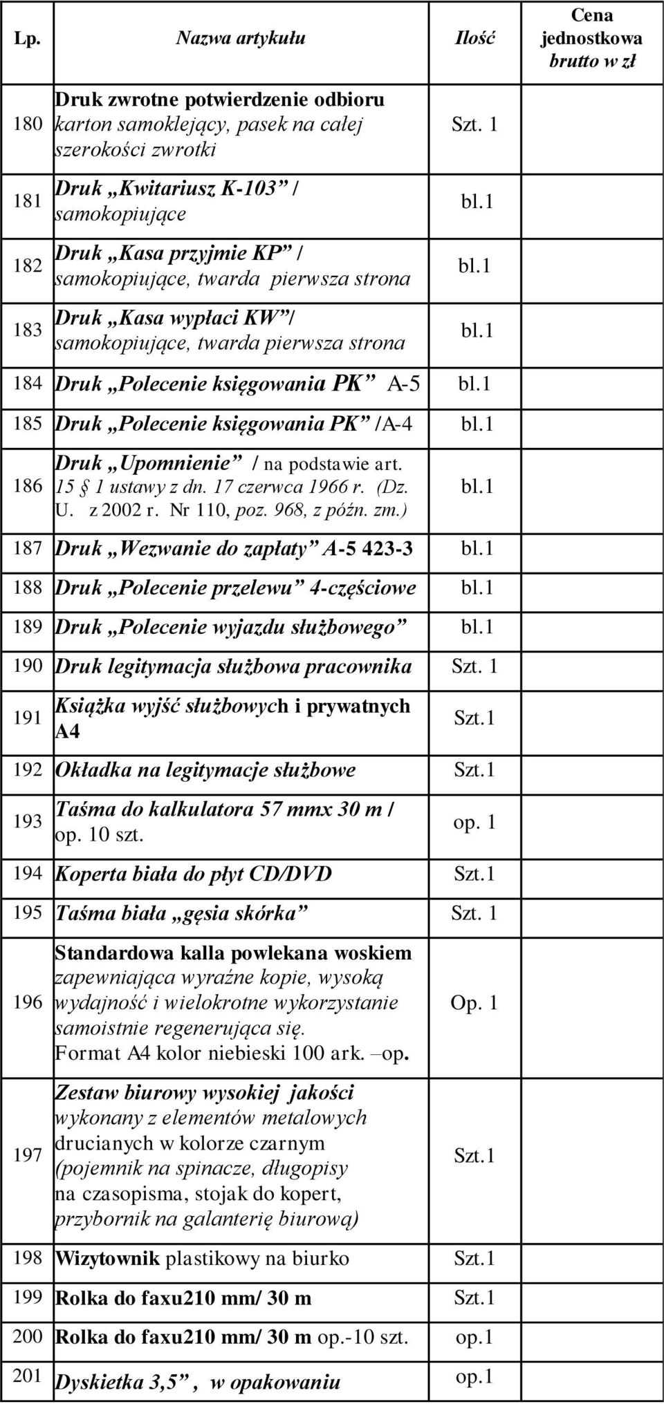 1 Cena jednostkowa brutto w zł 186 Druk Upomnienie / na podstawie art. 15 1 ustawy z dn. 17 czerwca 1966 r. (Dz. U. z 2002 r. Nr 110, poz. 968, z późn. zm.) bl.