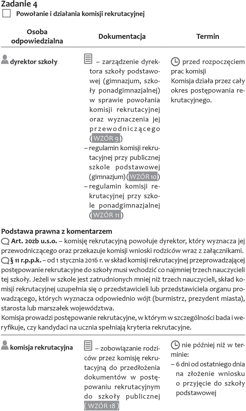 WZÓR 11 ) przed rozpoczęciem prac komisji Komisja działa przez cały okres postępowania rekrutacyjnego. Art. 20zb u.s.o. komisję rekrutacyjną powołuje dyrektor, który wyznacza jej przewodniczącego oraz przekazuje komisji wnioski rodziców wraz z załącznikami.