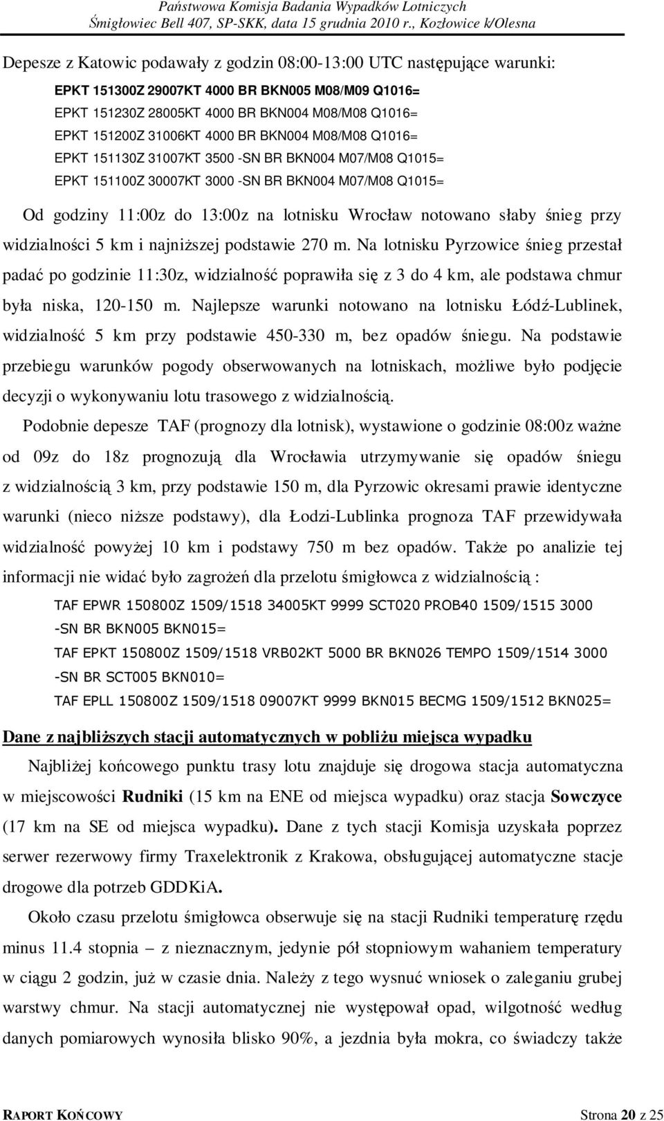 słaby śnieg przy widzialności 5 km i najniższej podstawie 270 m.