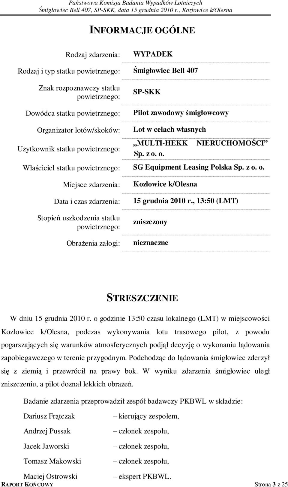 o. Właściciel statku powietrznego: SG Equipment Leasing Polska Sp. z o.