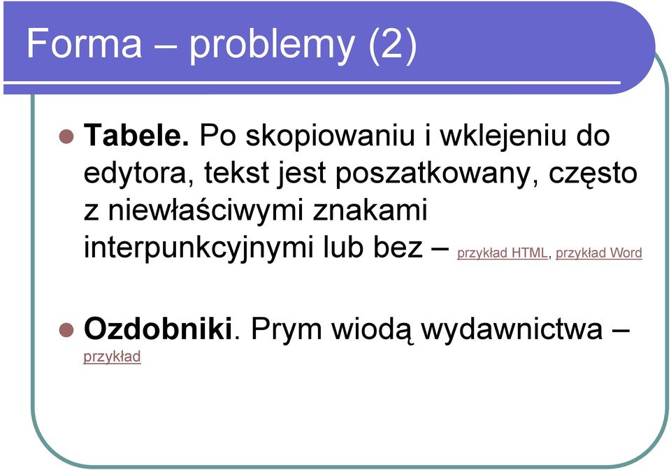 poszatkowany, często z niewłaściwymi znakami