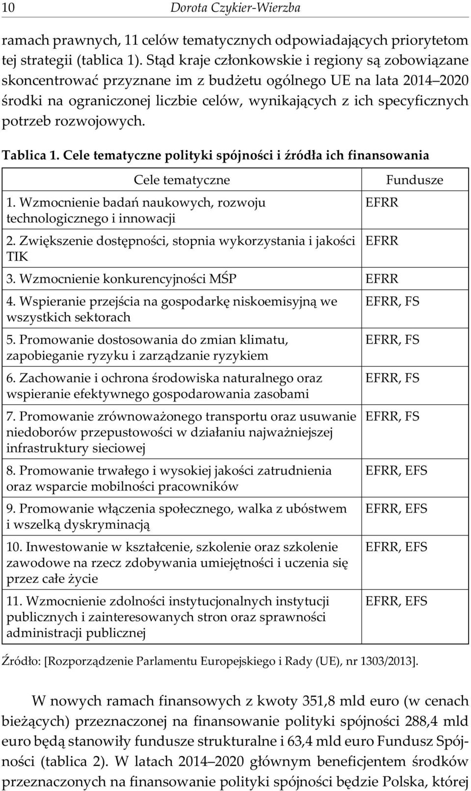 rozwojowych. Tablica 1. Cele tematyczne polityki spójnoœci i Ÿród³a ich finansowania Cele tematyczne 1. Wzmocnienie badañ naukowych, rozwoju technologicznego i innowacji 2.