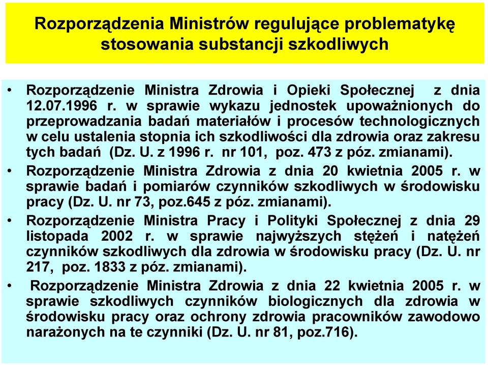 nr 101, poz. 473 z póz. zmianami). Rozporządzenie Ministra Zdrowia z dnia 20 kwietnia 2005 r. w sprawie badań i pomiarów czynników szkodliwych w środowisku pracy (Dz. U. nr 73, poz.645 z póz.
