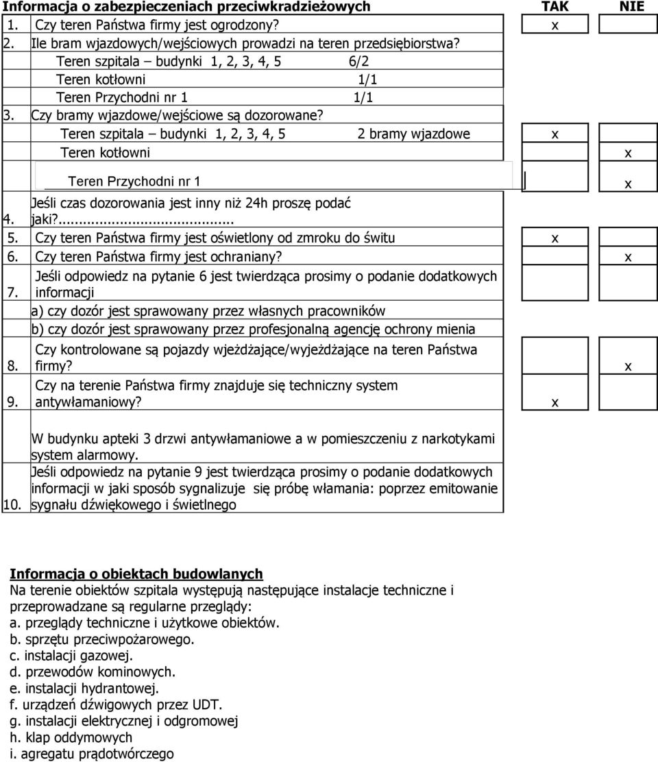 Teren szpitala budynki 1, 2, 3, 4, 5 2 bramy wjazdowe Teren kotłowni Teren Przychodni nr 1 Jeśli czas dozorowania jest inny niż 24h proszę podać 4. jaki?... 5. Czy teren Państwa firmy jest oświetlony od zmroku do świtu 6.