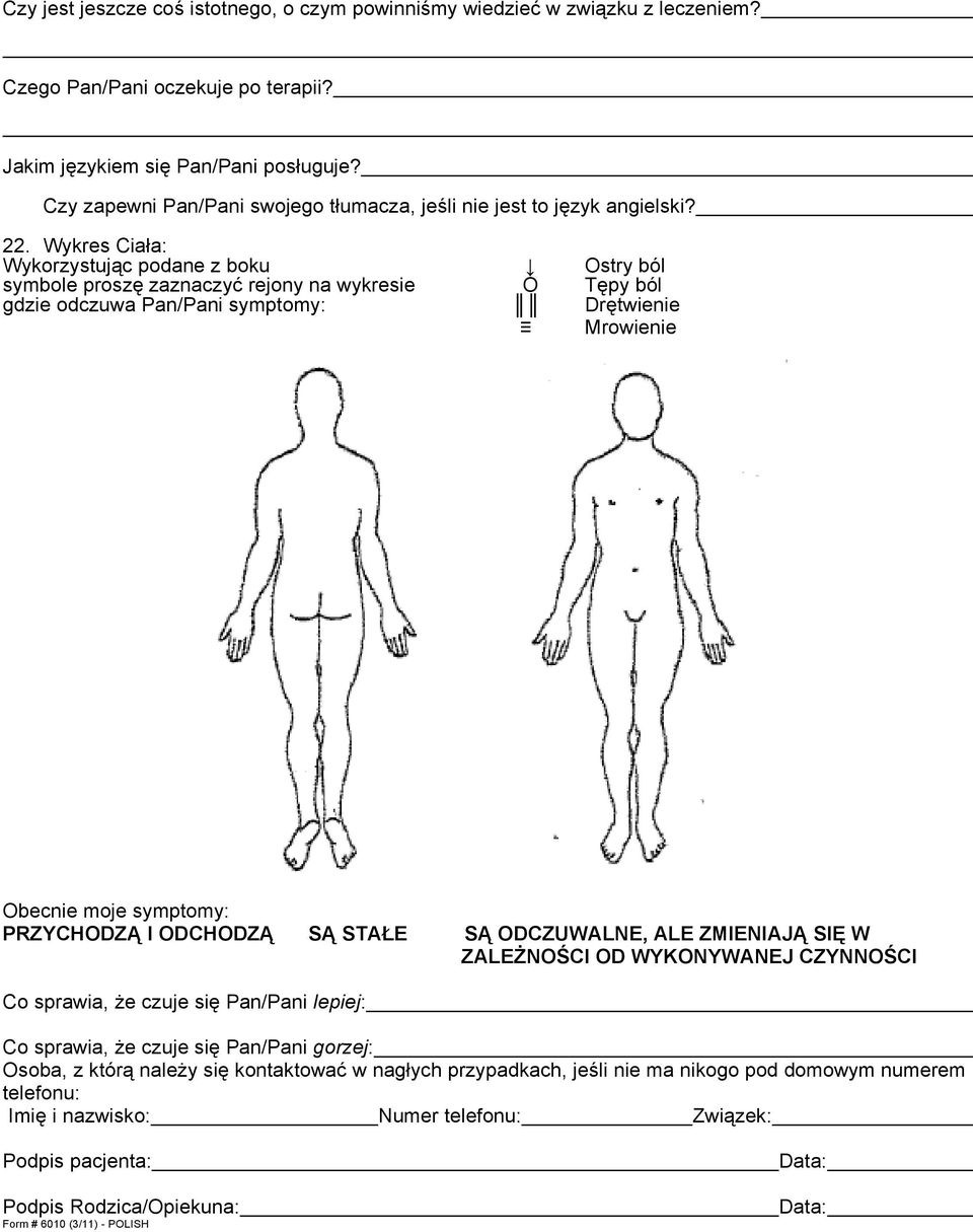 Wykres Ciała: Wykorzystując podane z boku Ostry ból symbole proszę zaznaczyć rejony na wykresie O Tępy ból gdzie odczuwa Pan/Pani symptomy: Drętwienie Mrowienie Obecnie moje symptomy: PRZYCHODZĄ I