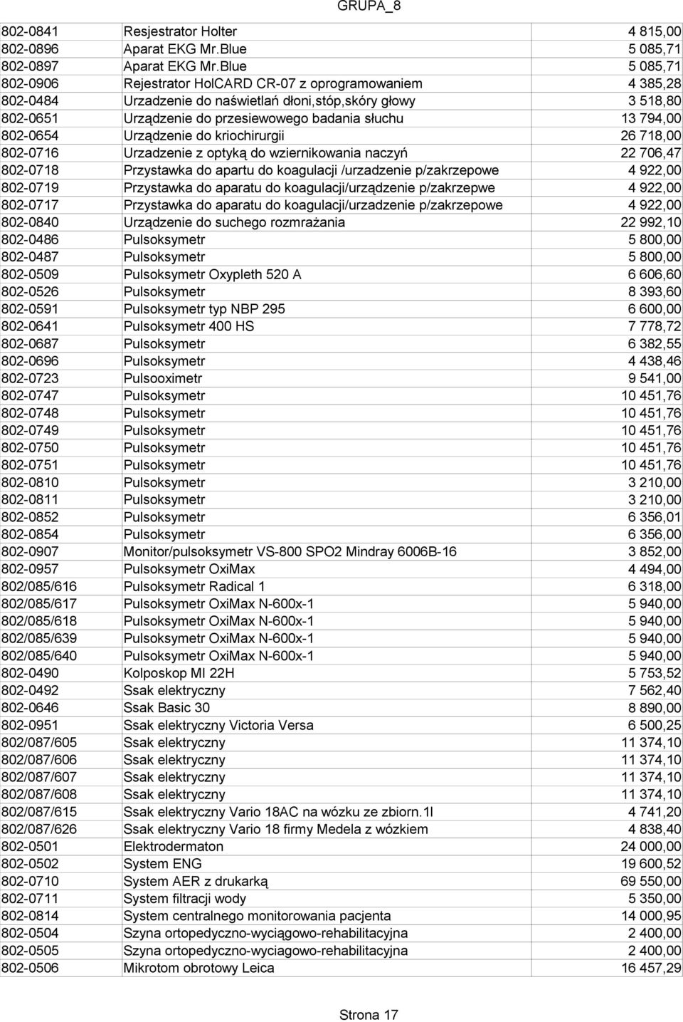 kriochirurgii 802-0716 Urzadzenie z optyką do wziernikowania naczyń 802-0718 Przystawka do apartu do koagulacji /urzadzenie p/zakrzepowe 802-0719 Przystawka do aparatu do koagulacji/urządzenie