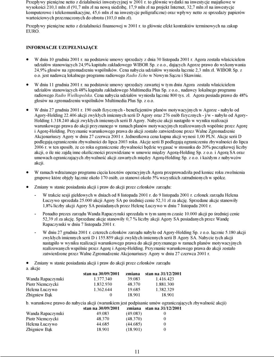 zł na inwestycje poligraficzne) oraz wpływy netto ze sprzedaży papierów wartościowych przeznaczonych do obrotu (103,0 mln zł). Przepływy pieniężne netto z działalności finansowej w 2001 r.