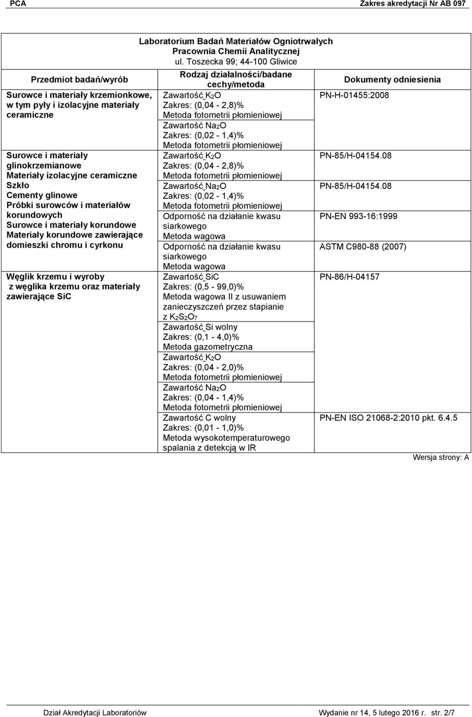 Analitycznej Zawartość K2O Zakres: (0,04-2,8)% Zawartość Na2O Zakres: (0,02-1,4)% Zawartość K2O Zakres: (0,04-2,8)% Zawartość Na2O Zakres: (0,02-1,4)% Odporność na działanie kwasu siarkowego Metoda