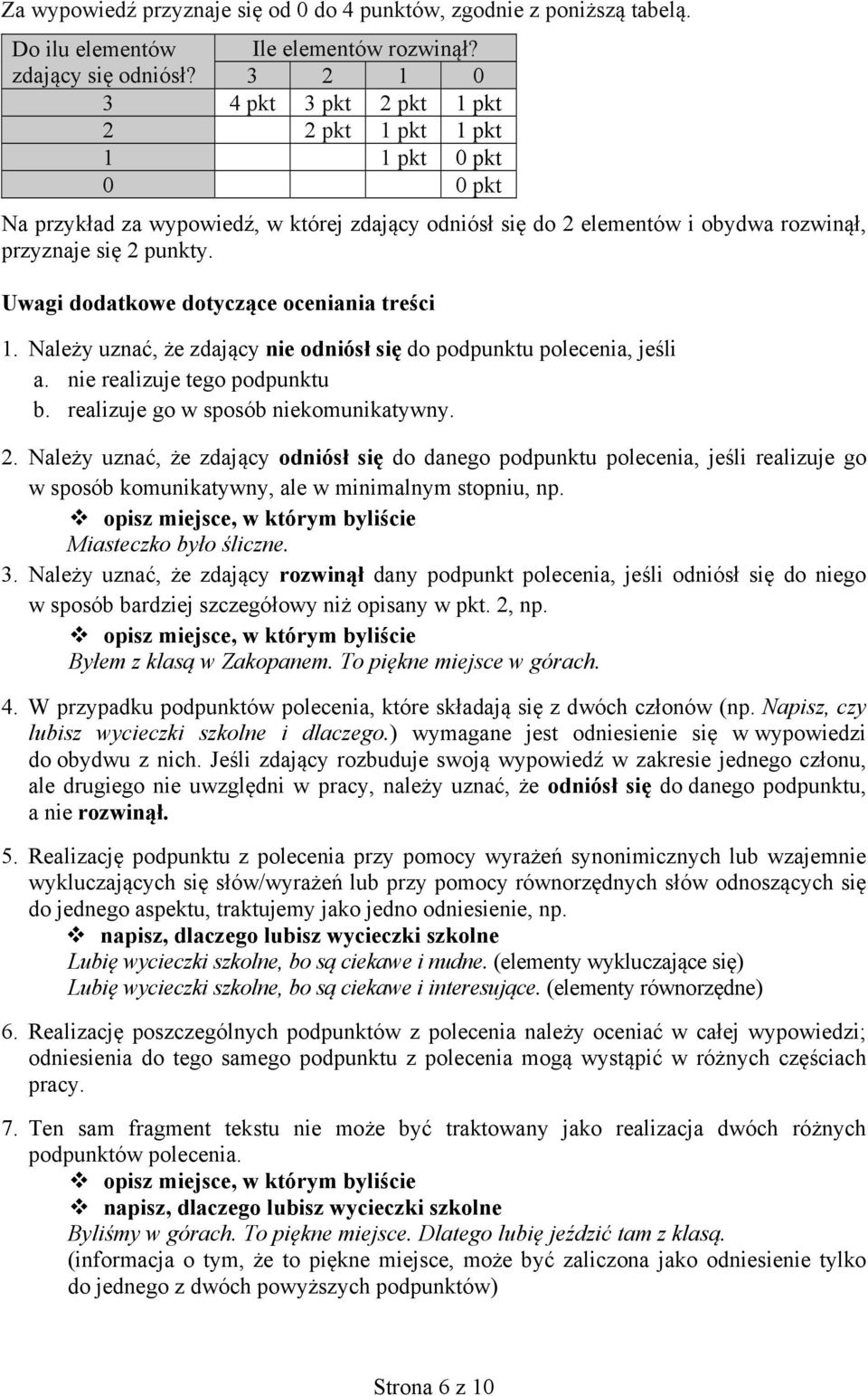 Uwagi dodatkowe dotyczące oceniania treści 1. Należy uznać, że zdający nie odniósł się do podpunktu polecenia, jeśli a. nie realizuje tego podpunktu b. realizuje go w sposób niekomunikatywny. 2.