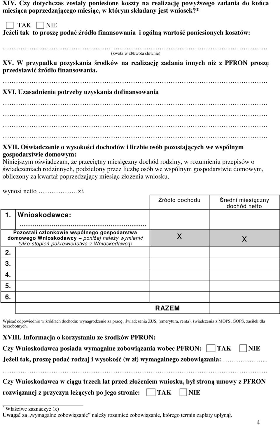 W przypadku pozyskania środków na realizację zadania innych niŝ z PFRON proszę przedstawić źródło finansowania. XVI. Uzasadnienie potrzeby uzyskania dofinansowania XVII.