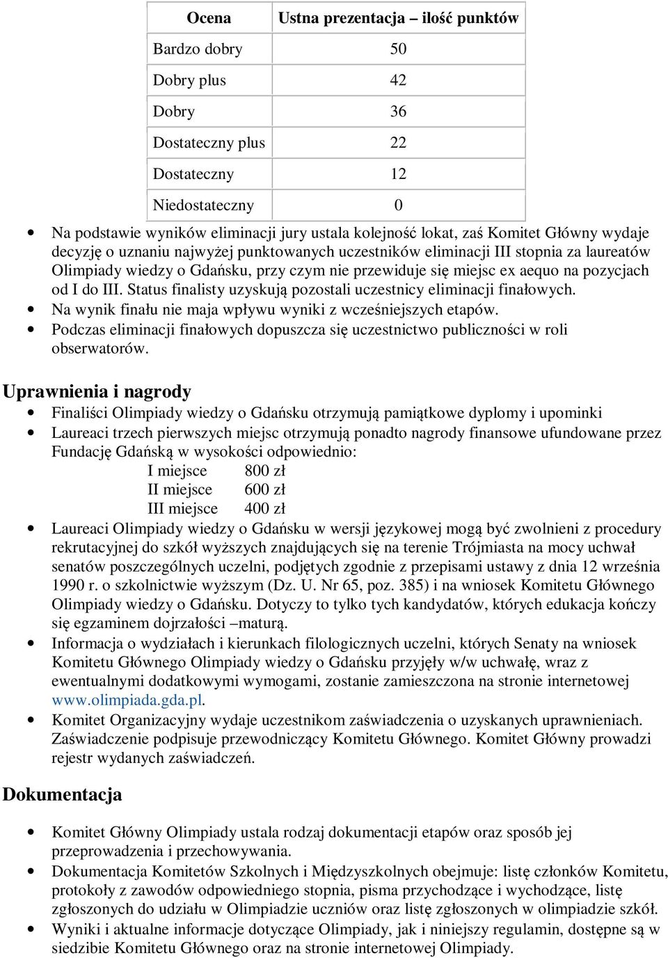 I do III. Status finalisty uzyskują pozostali uczestnicy eliminacji finałowych. Na wynik finału nie maja wpływu wyniki z wcześniejszych etapów.