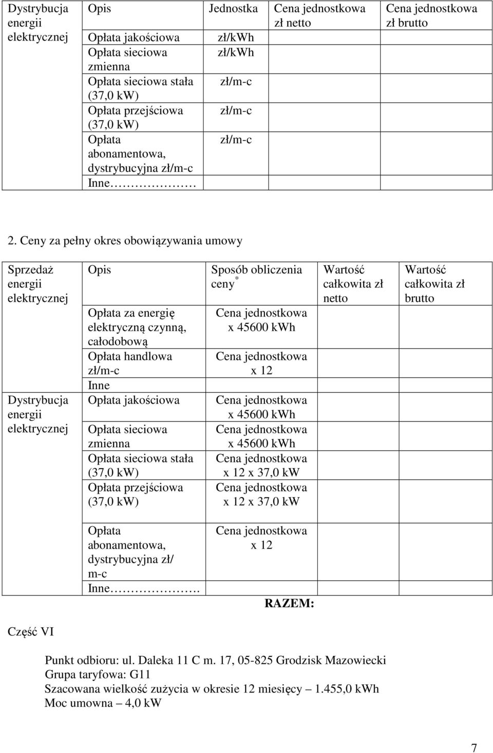 przejściowa (37,0 kw) x 45600 kwh x 45600 kwh x 45600 kwh x 37,0 kw x 37,0 kw Część VI Punkt odbioru: ul.