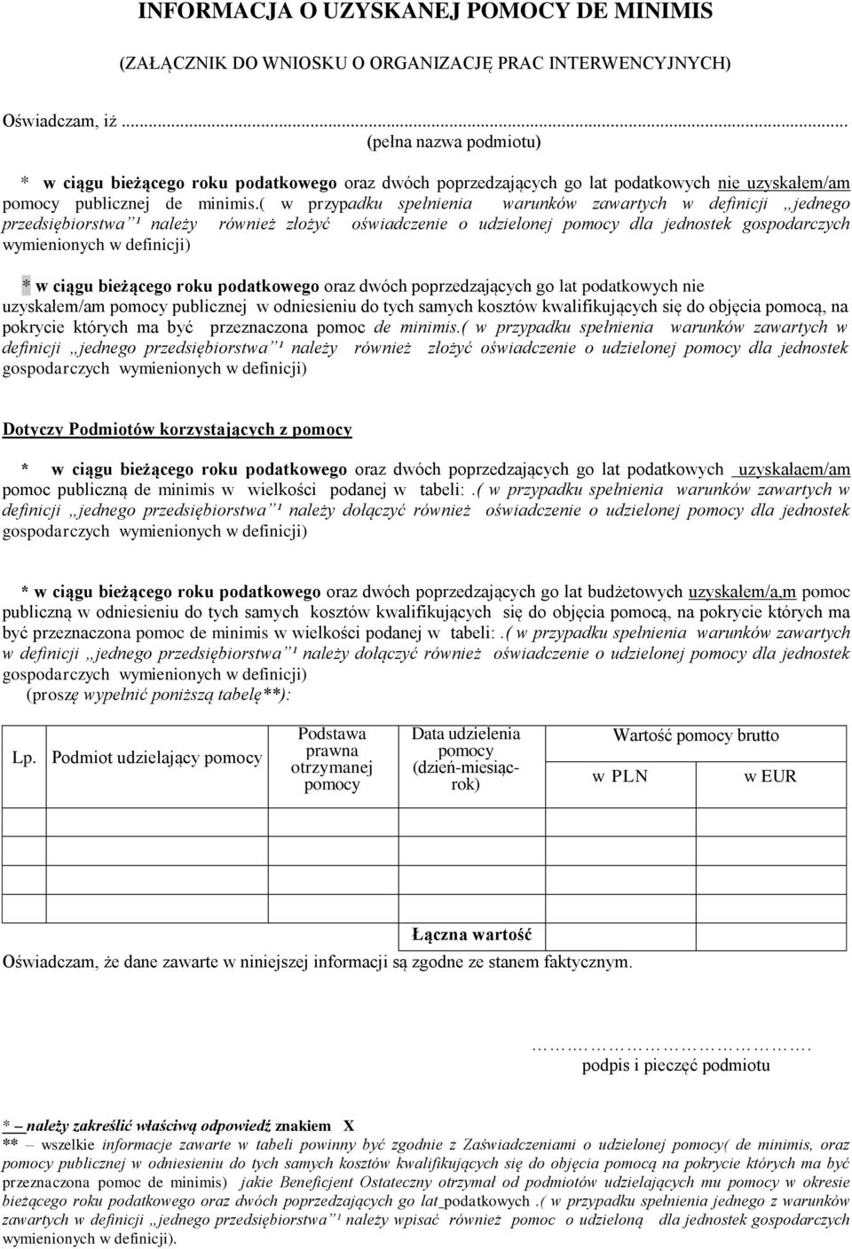 udzielonej pomocy dla jednostek gospodarczych wymienionych w definicji) * w ciągu bieżącego roku podatkowego oraz dwóch poprzedzających go lat podatkowych nie uzyskałem/am pomocy publicznej w