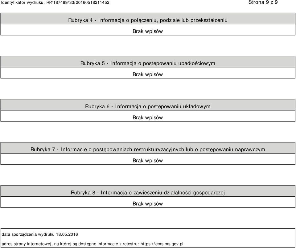 restrukturyzacyjnych lub o postępowaniu naprawczym Rubryka 8 - Informacja o zawieszeniu działalności gospodarczej