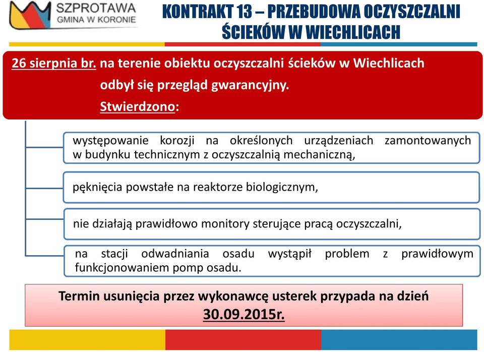 Stwierdzono: występowanie korozji na określonych urządzeniach zamontowanych w budynku technicznym z oczyszczalnią mechaniczną, pęknięcia