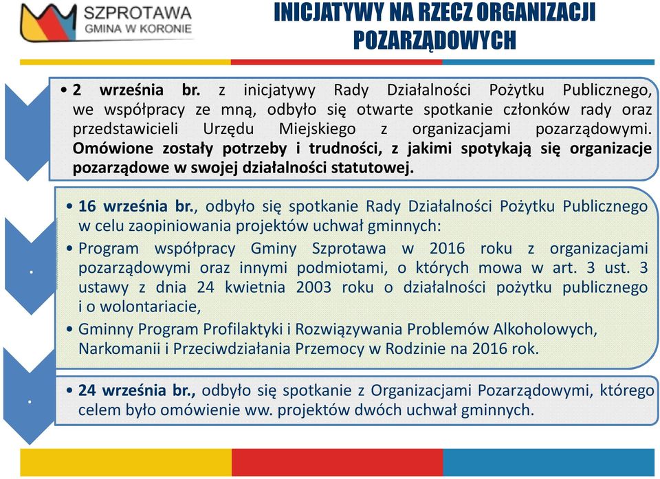 Omówione zostały potrzeby i trudności, z jakimi spotykają się organizacje pozarządowe w swojej działalności statutowej.. 16 września br.