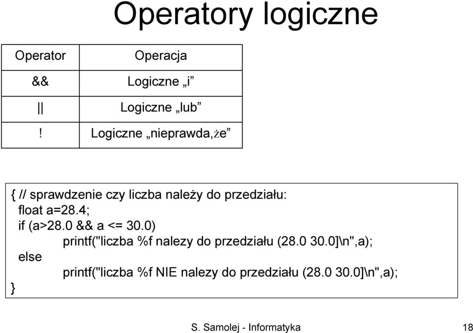 liczba należy do przedziału: float a=28.4; if (a>28.0 && a <= 30.