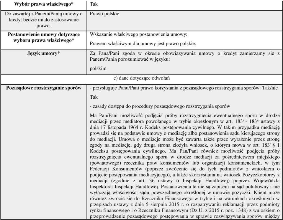 Za Pana/Pani zgodą w okresie obowiązywania umowy o kredyt zamierzamy się z Panem/Panią porozumiewać w języku: polskim c) dane dotyczące odwołań - przysługuje Panu/Pani prawo korzystania z