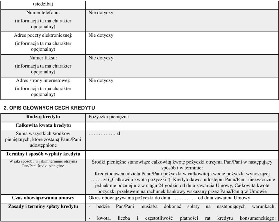 terminie otrzyma Pan/Pani środki pieniężne Czas obowiązywania umowy Pożyczka pieniężna.