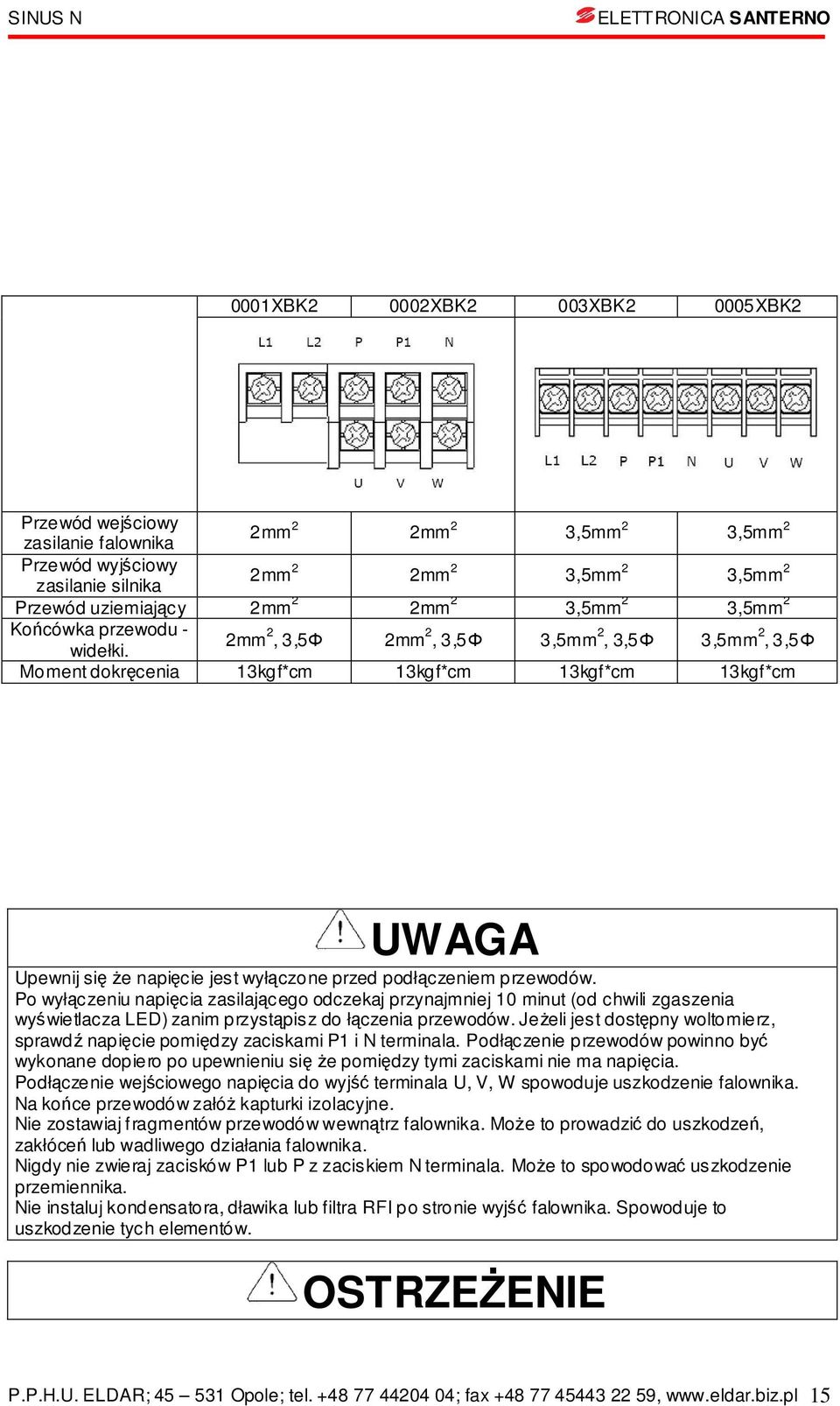 2mm 2, 3,5Φ 2mm 2, 3,5Φ 3,5mm 2, 3,5Φ 3,5mm 2, 3,5Φ Moment dokręceni 13kgf*cm 13kgf*cm 13kgf*cm 13kgf*cm UWAGA Upewnij się że npięcie jest wyłączone przed podłączeniem przewodów.