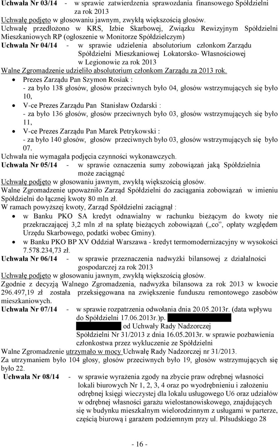 Zarządu Spółdzielni Mieszkaniowej Lokatorsko- Własnościowej w Legionowie za rok 2013 Walne Zgromadzenie udzieliło absolutorium członkom Zarządu za 2013 rok.
