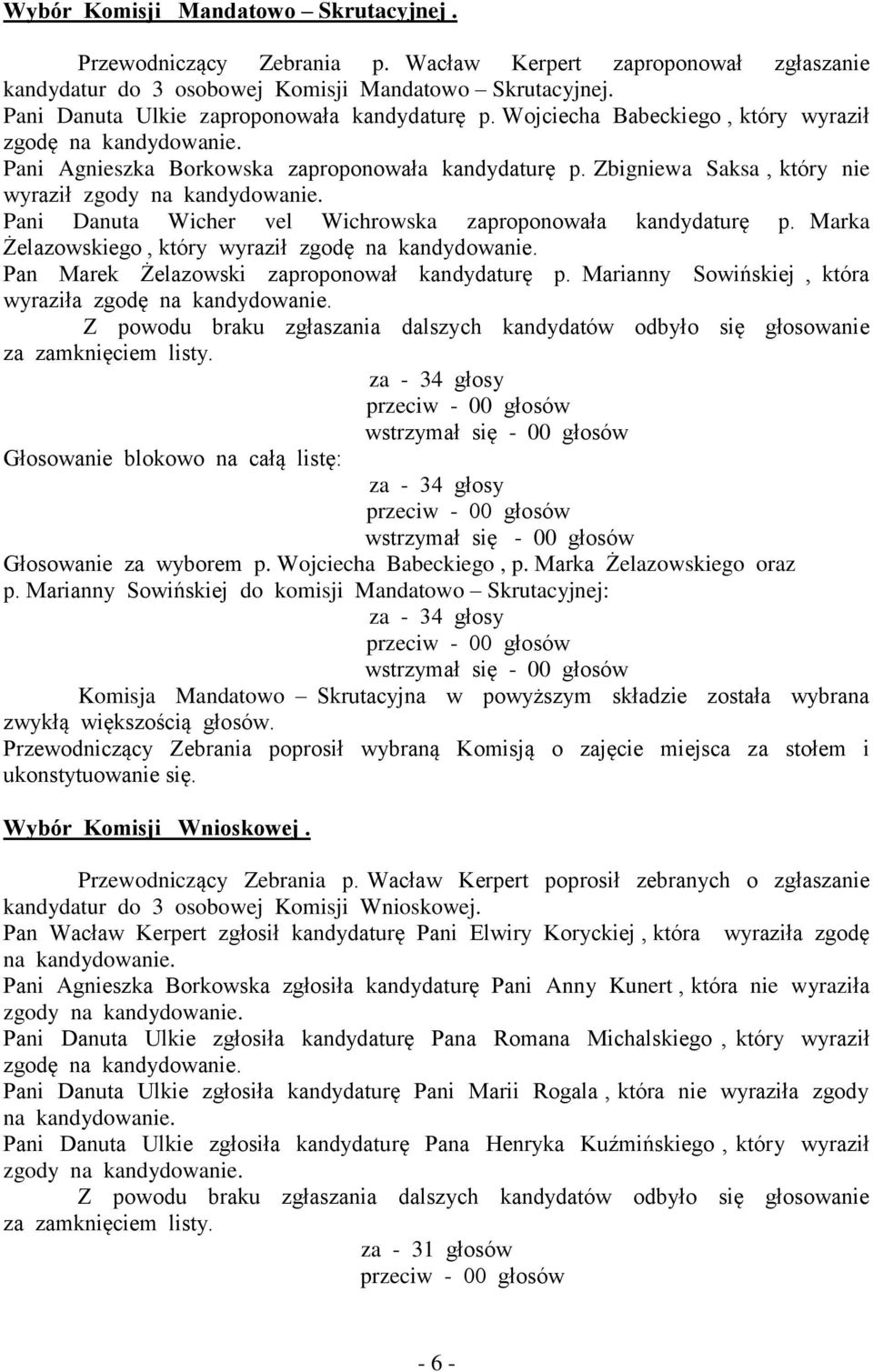 Zbigniewa Saksa, który nie wyraził zgody na kandydowanie. Pani Danuta Wicher vel Wichrowska zaproponowała kandydaturę p. Marka Żelazowskiego, który wyraził zgodę na kandydowanie.