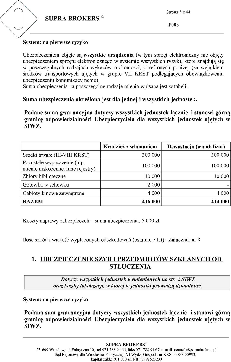 komunikacyjnemu). Suma ubezpieczenia na poszczególne rodzaje mienia wpisana jest w tabeli. Suma ubezpieczenia określona jest dla jednej i wszystkich jednostek.