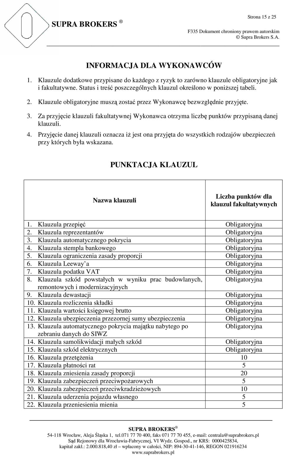 Za przyjęcie klauzuli fakultatywnej Wykonawca otrzyma liczbę punktów przypisaną danej klauzuli. 4.