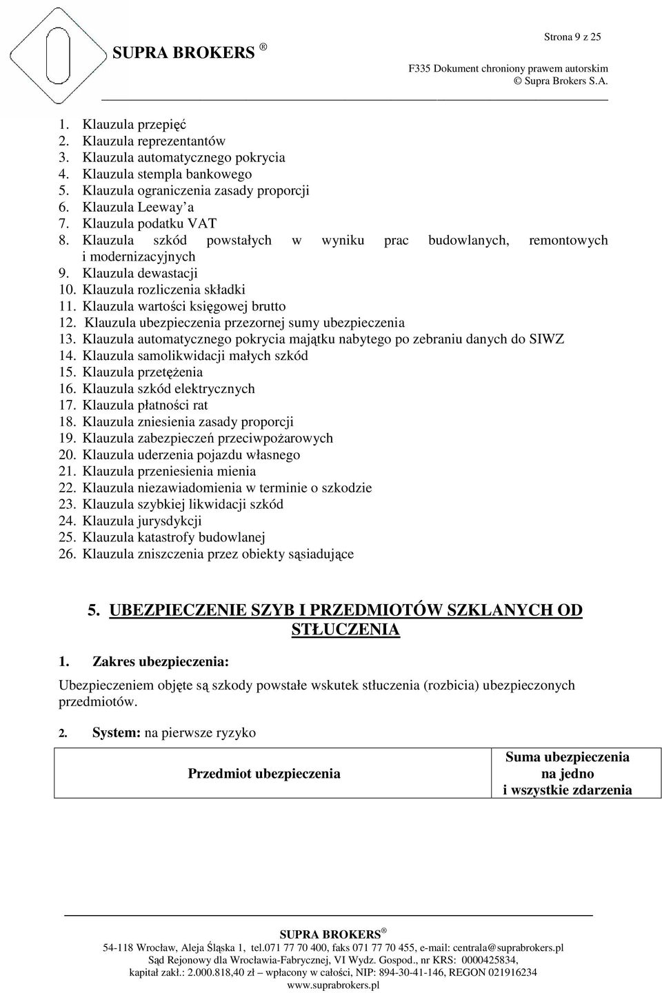 Klauzula wartości księgowej brutto 12. Klauzula ubezpieczenia przezornej sumy ubezpieczenia 13. Klauzula automatycznego pokrycia majątku nabytego po zebraniu danych do SIWZ 14.