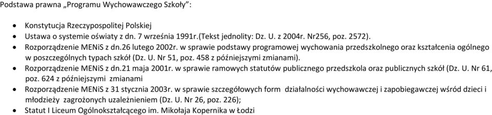 458 z późniejszymi zmianami). Rozporządzenie MENiS z dn.21 maja 2001r. w sprawie ramowych statutów publicznego przedszkola oraz publicznych szkół (Dz. U. Nr 61, poz.