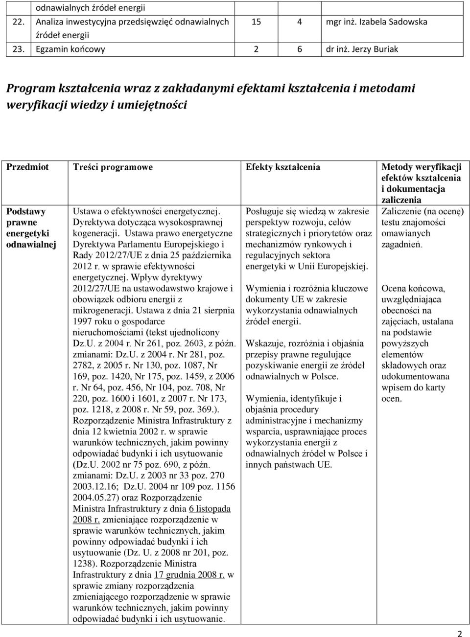 kształcenia i dokumentacja zaliczenia Podstawy prawne energetyki odnawialnej Ustawa o efektywności energetycznej. Dyrektywa dotycząca wysokosprawnej kogeneracji.
