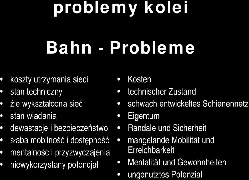 niewykorzystany potencjał Kosten technischer Zustand schwach entwickeltes Schienennetz Eigentum