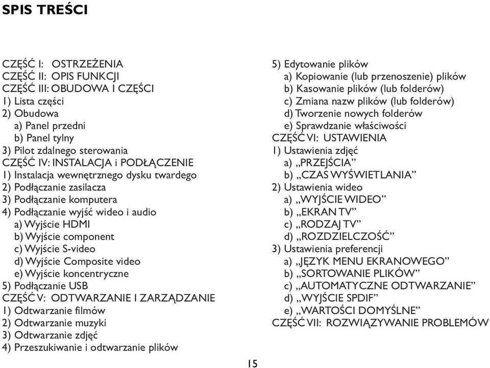 Wyjście Composite video e) Wyjście koncentryczne 5) Podłączanie USB CZĘŚĆ V: ODTWARZANIE I ZARZĄDZANIE 1) Odtwarzanie filmów 2) Odtwarzanie muzyki 3) Odtwarzanie zdjęć 4) Przeszukiwanie i odtwarzanie