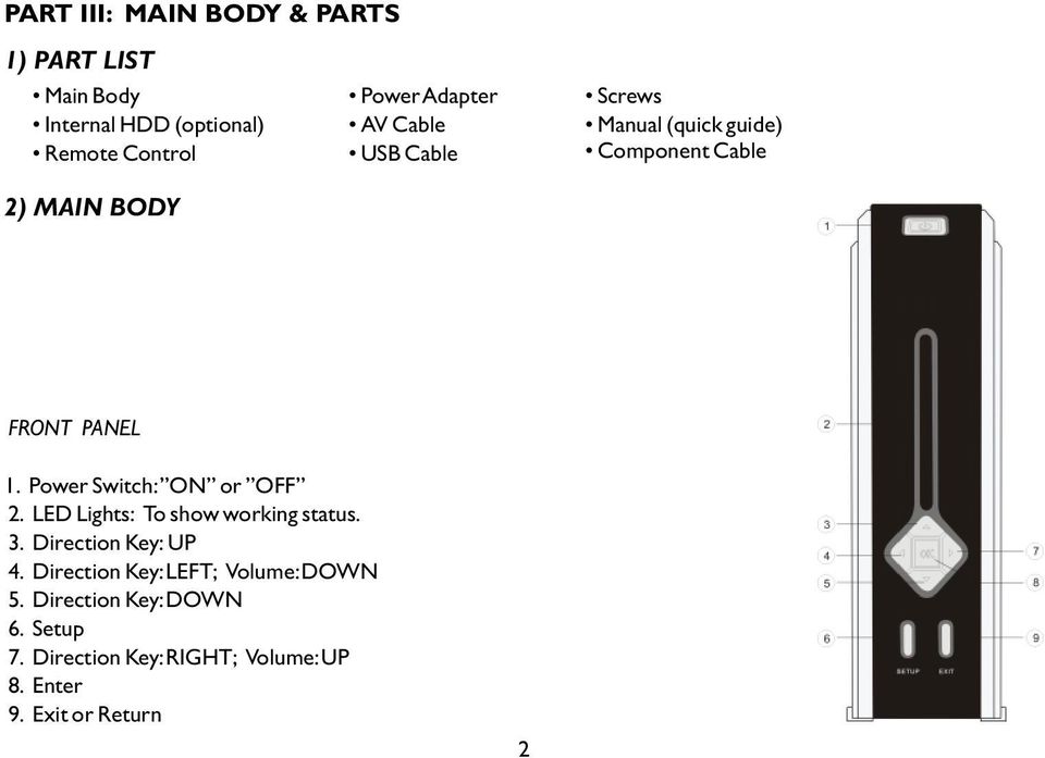 Power Switch: ON or OFF 2. LED Lights: To show working status. 3. Direction Key: UP 4.