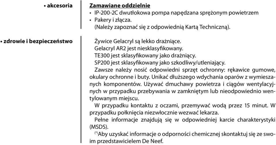 Zawsze należy nosić odpowiedni sprzęt ochronny: rękawice gumowe, okulary ochronne i buty. Unikać dłuższego wdychania oparów z wymieszanych komponentów.