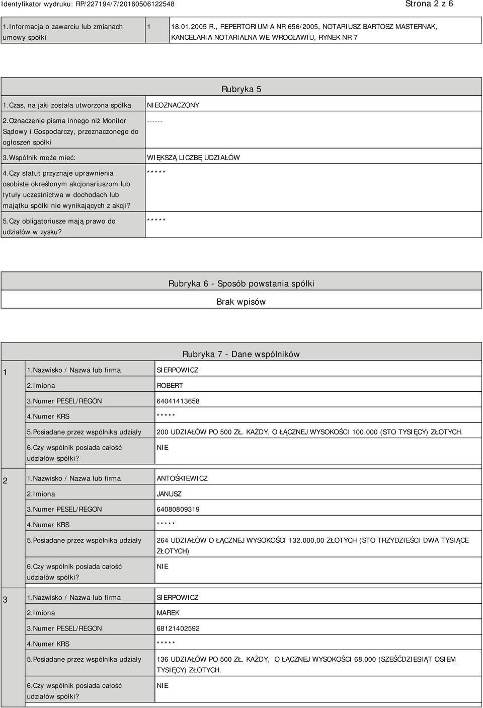 Czy statut przyznaje uprawnienia osobiste określonym akcjonariuszom lub tytuły uczestnictwa w dochodach lub majątku spółki nie wynikających z akcji? 5.