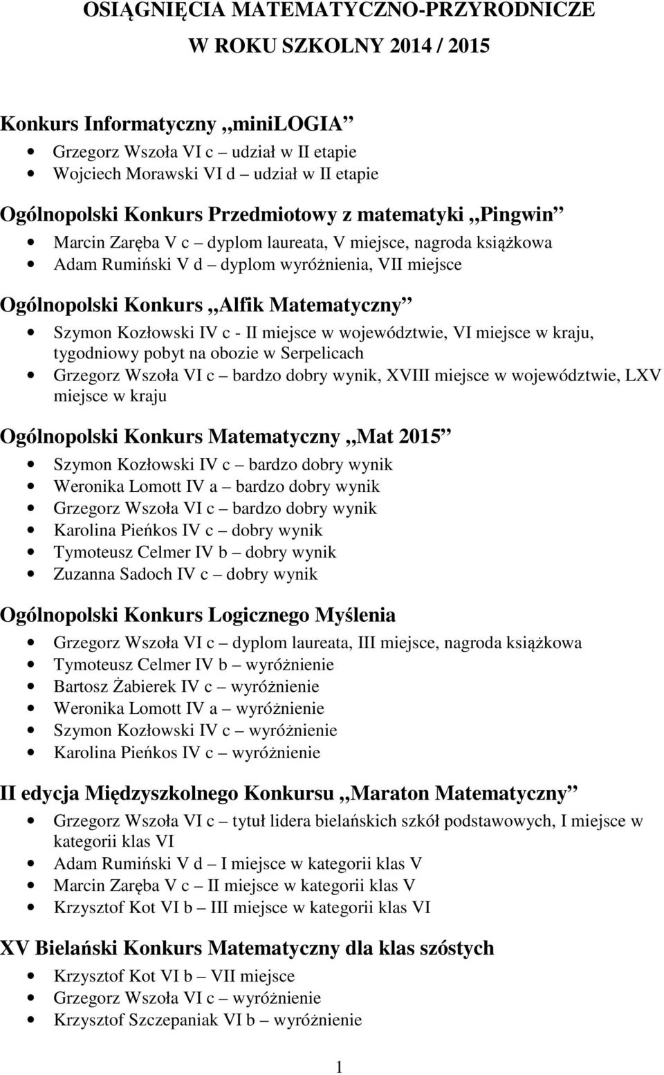 Kozłowski IV c - II miejsce w województwie, VI miejsce w kraju, tygodniowy pobyt na obozie w Serpelicach Grzegorz Wszoła VI c bardzo dobry wynik, XVIII miejsce w województwie, LXV miejsce w kraju