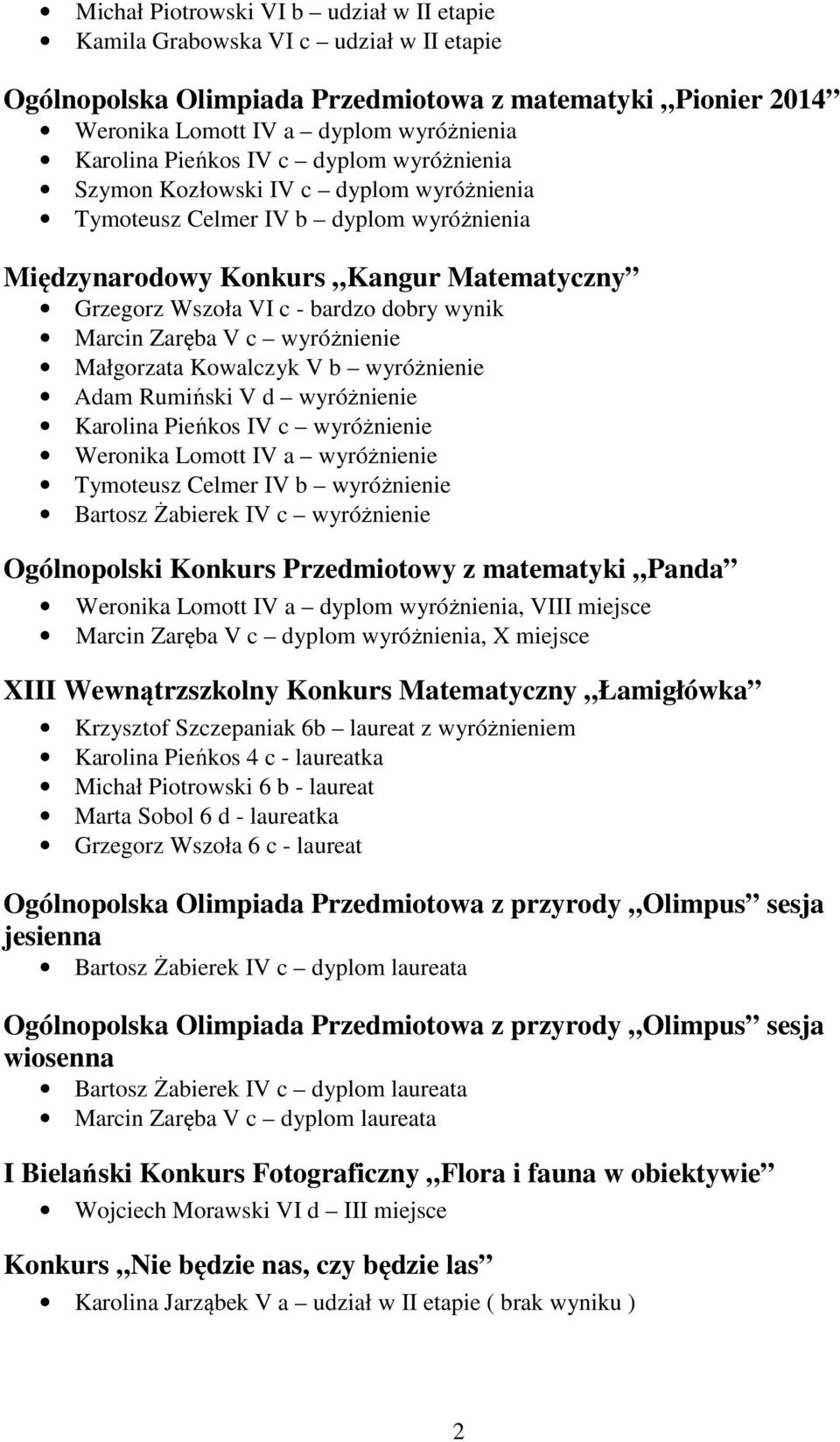 Marcin Zaręba V c wyróżnienie Małgorzata Kowalczyk V b wyróżnienie Adam Rumiński V d wyróżnienie Karolina Pieńkos IV c wyróżnienie Weronika Lomott IV a wyróżnienie Tymoteusz Celmer IV b wyróżnienie