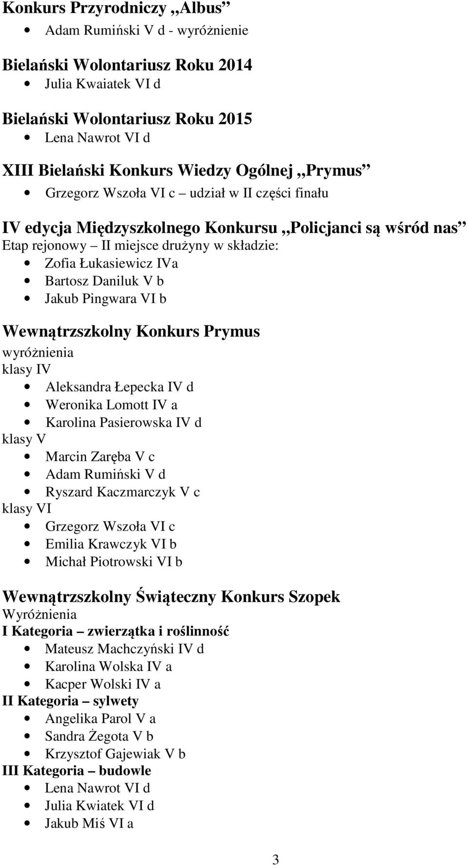 Jakub Pingwara VI b Wewnątrzszkolny Konkurs Prymus wyróżnienia klasy IV Aleksandra Łepecka IV d Weronika Lomott IV a Karolina Pasierowska IV d klasy V Marcin Zaręba V c Adam Rumiński V d Ryszard