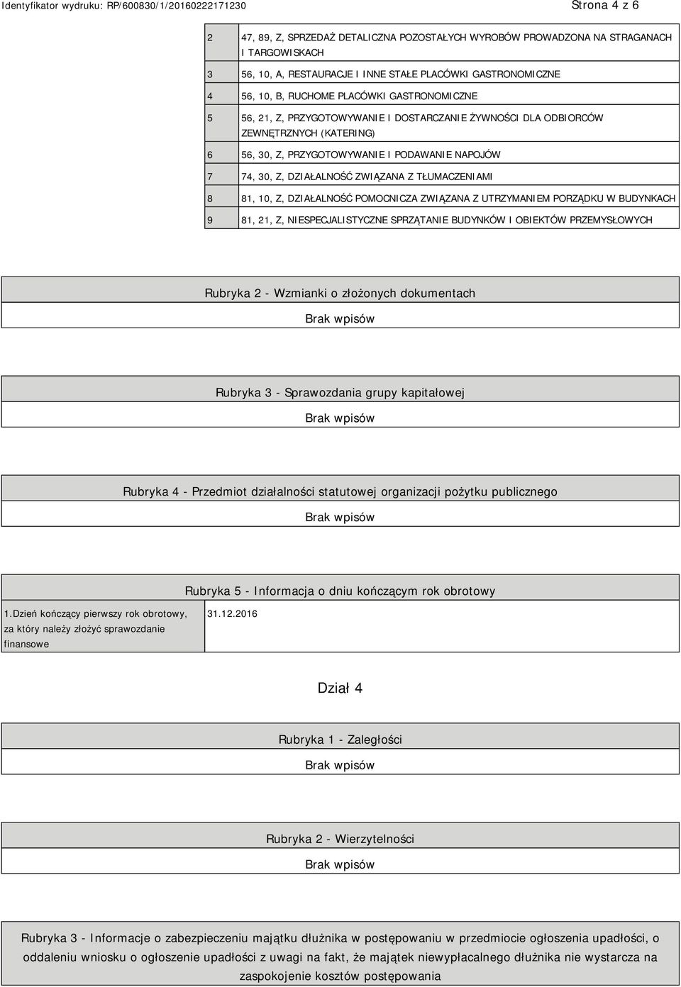 10, Z, DZIAŁALNOŚĆ POMOCNICZA ZWIĄZANA Z UTRZYMAM PORZĄDKU W BUDYNKACH 9 81, 21, Z, SPECJALISTYCZNE SPRZĄTA BUDYNKÓW I OBIEKTÓW PRZEMYSŁOWYCH Rubryka 2 - Wzmianki o złożonych dokumentach Rubryka 3 -