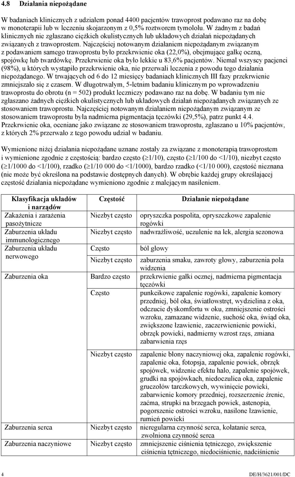 Najczęściej notowanym działaniem niepożądanym związanym z podawaniem samego trawoprostu było przekrwienie oka (22,0%), obejmujące gałkę oczną, spojówkę lub twardówkę.