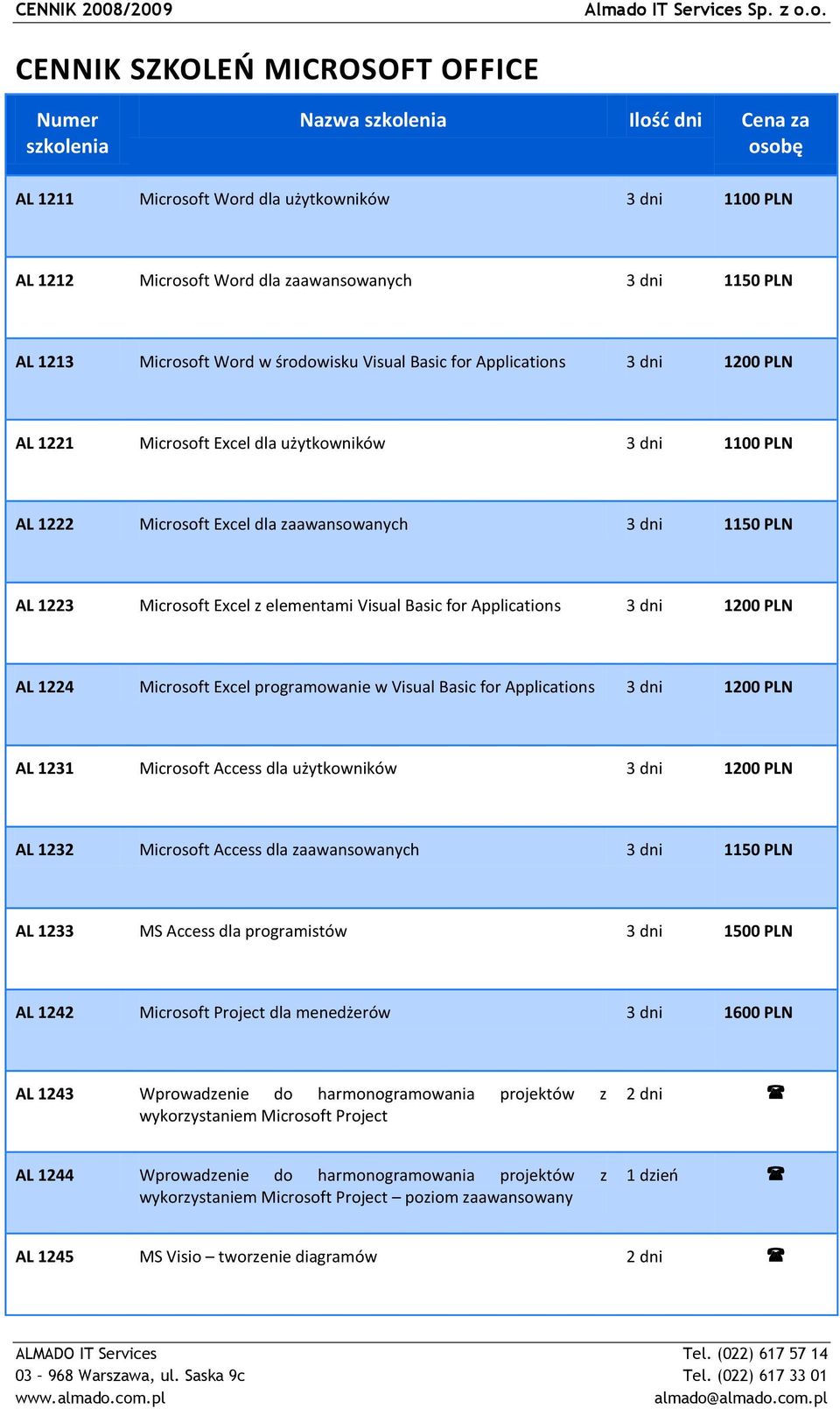 1223 Microsoft Excel z elementami Visual Basic for Applications 3 dni 1200 PLN AL 1224 Microsoft Excel programowanie w Visual Basic for Applications 3 dni 1200 PLN AL 1231 Microsoft Access dla