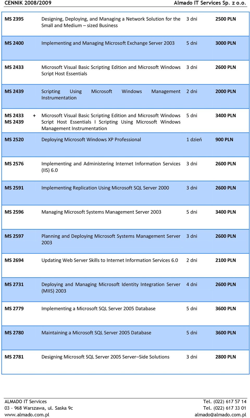 MS 2439 Microsoft Visual Basic Scripting Edition and Microsoft Windows Script Host Essentials I Scripting Using Microsoft Windows Management Instrumentation 5 dni 3400 PLN MS 2520 Deploying Microsoft