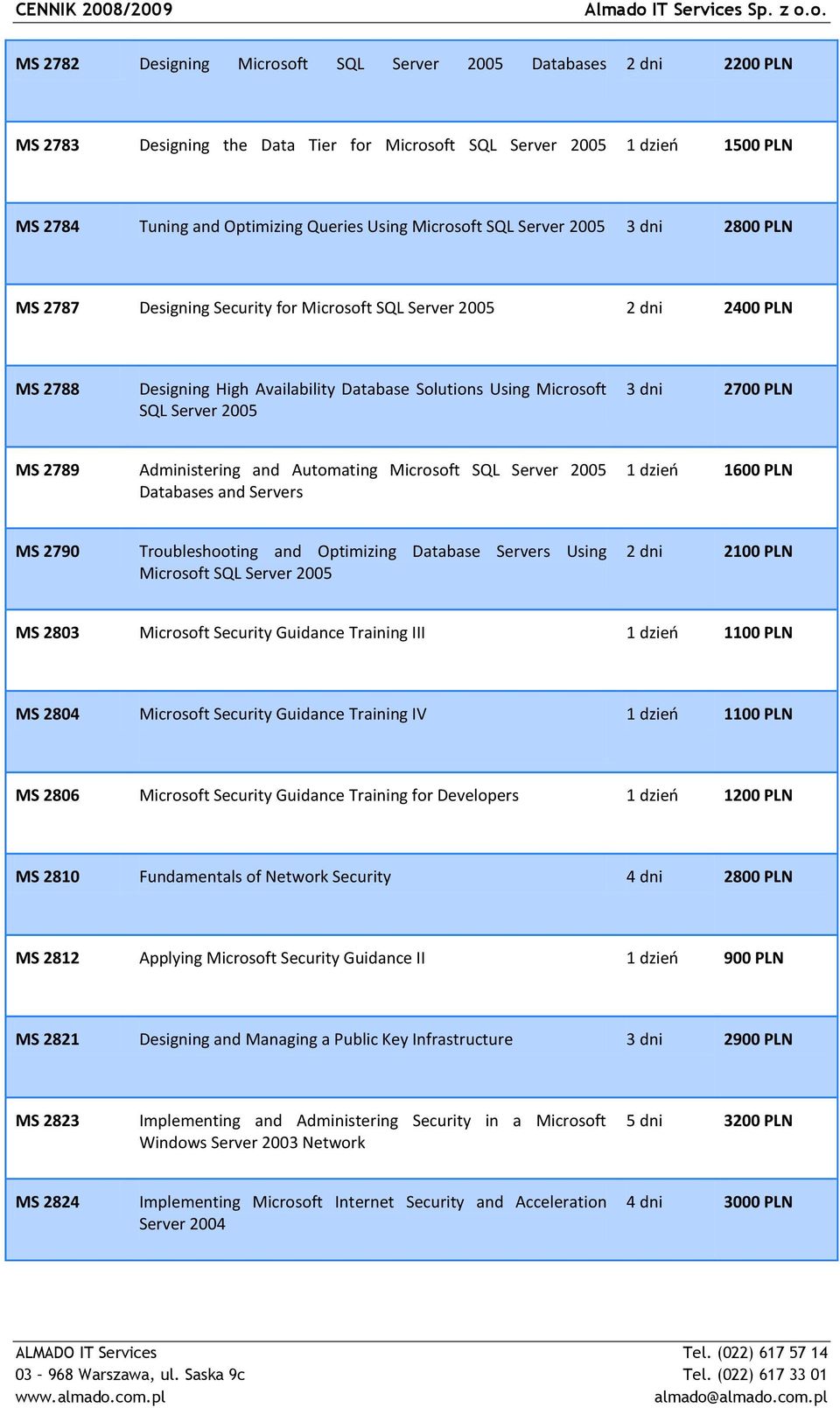 3 dni 2700 PLN MS 2789 Administering and Automating Microsoft SQL Server 2005 Databases and Servers 1 dzieo 1600 PLN MS 2790 Troubleshooting and Optimizing Database Servers Using Microsoft SQL Server