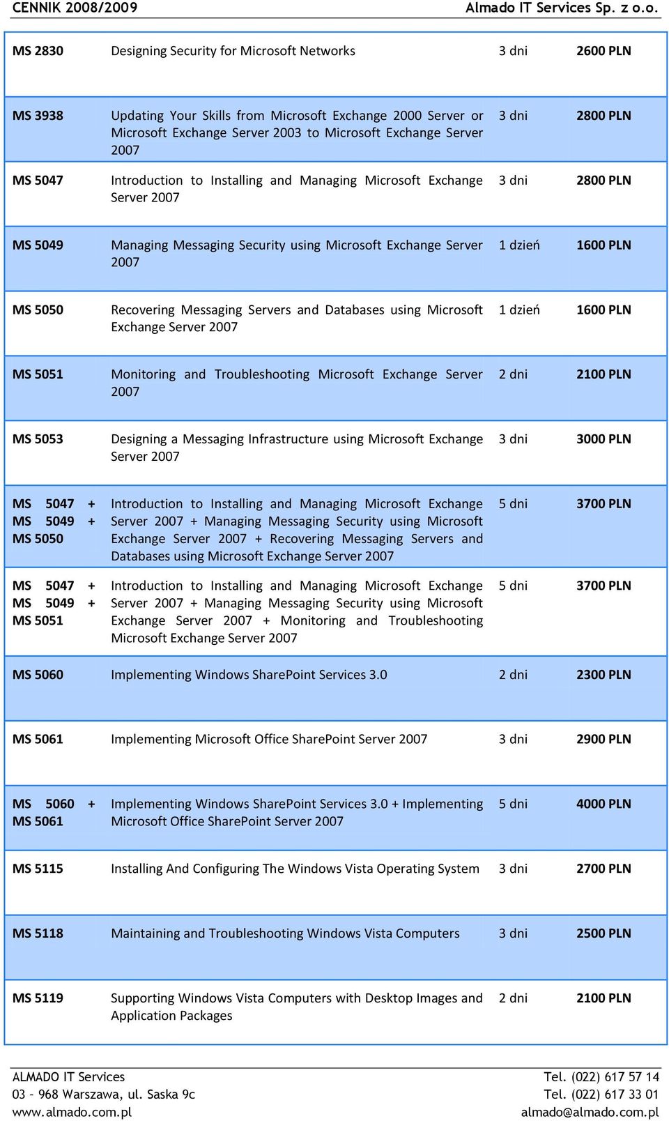 PLN MS 5050 Recovering Messaging Servers and Databases using Microsoft Exchange Server 2007 1 dzieo 1600 PLN MS 5051 Monitoring and Troubleshooting Microsoft Exchange Server 2007 2 dni 2100 PLN MS