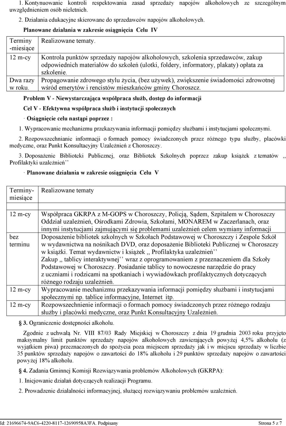 -miesiące 12 m-cy Kontrola punktów sprzedaży napojów alkoholowych, szkolenia sprzedawców, zakup odpowiednich materiałów do szkoleń (ulotki, foldery, informatory, plakaty) opłata za Dwa razy w roku.