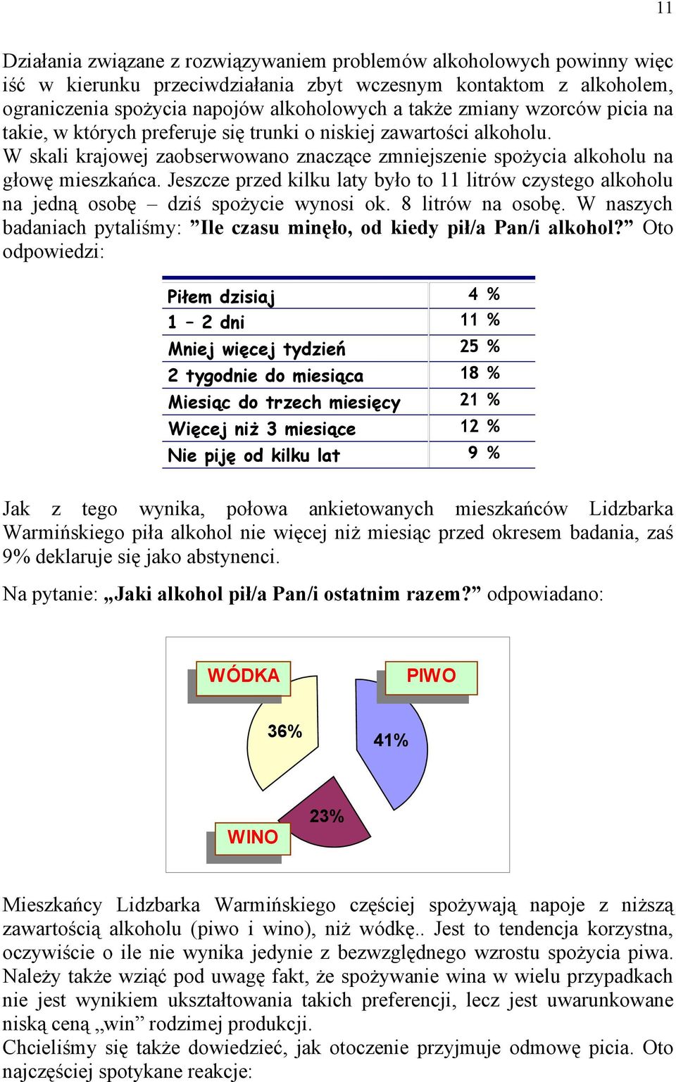 Jeszcze przed kilku laty było to 11 litrów czystego alkoholu na jedną osobę dziś spożycie wynosi ok. 8 litrów na osobę. W naszych badaniach pytaliśmy: Ile czasu minęło, od kiedy pił/a Pan/i alkohol?