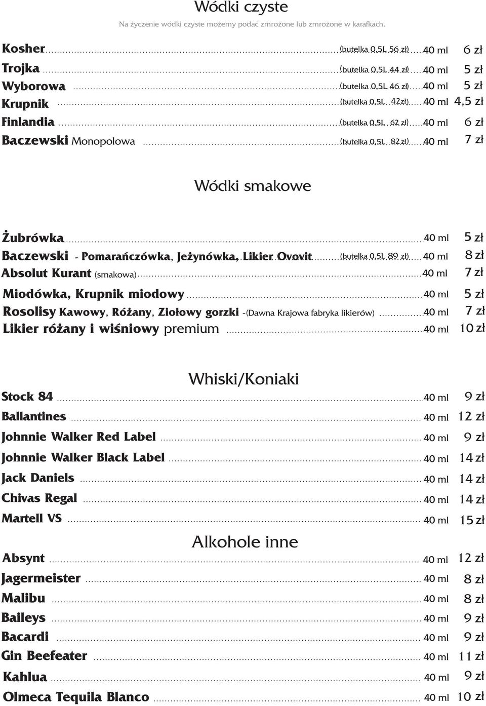 Wódki smakowe ubrówka Baczewski - Pomarañczówka, Je ynówka, Likier Ovovit (smakowa) Miodówka, Krupnik miodowy Rosolisy Kawowy, Ró