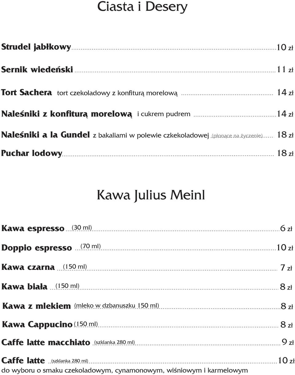 (30 ml) 6 z³ Doppio espresso (70 ml) 10 z³ Kawa czarna Kawa bia³a (150 ml) (150 ml) 7 z³ Kawa z mlekiem (mleko w dzbanuszku 150 ml) Kawa Cappucino (150